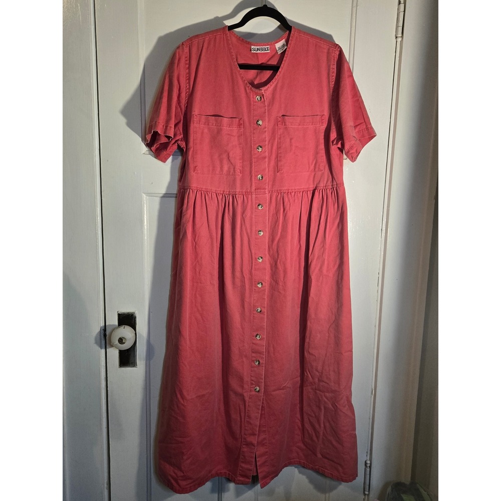 Sunbelt Vintage Pink Cotton Button Front Midi Dress Short Sleeve Pockets Large